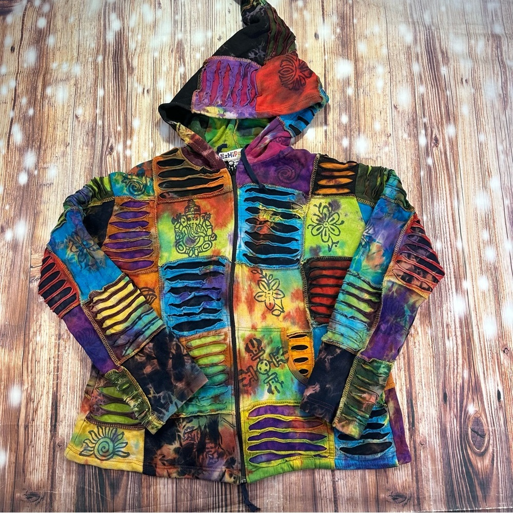 Hippie Boho Rib Patch Cotton Pixie Hood Print Slashed Razorcut Casual Jacket XXL